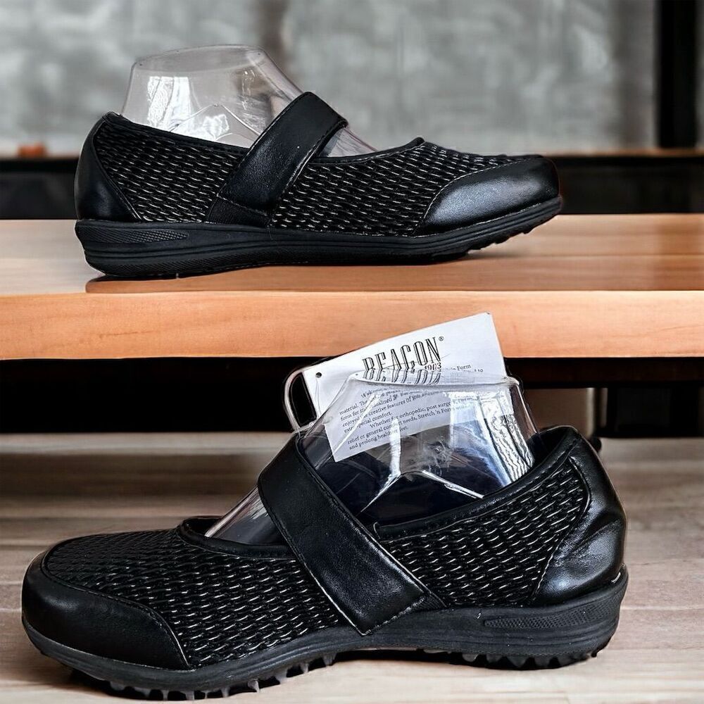 Beacon Black Stretch 'n Form Velcro Closure Mary Jane Woven Flats Shoes - Picture 3 of 11